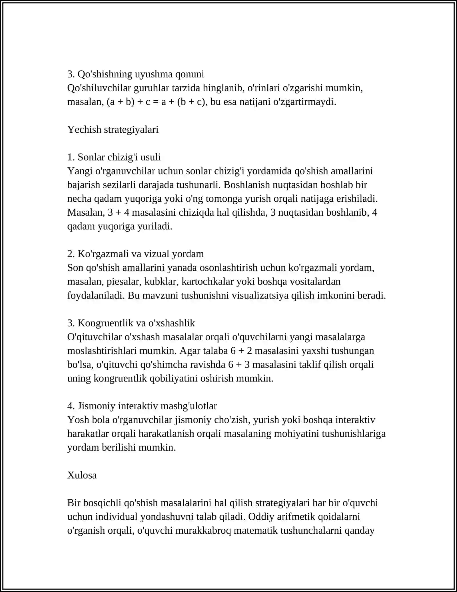 BIR BOSQICHLI QOSHISH VA AYRISH MASALALARINI YECHISH.MATEMATIK MAZMUNGA EGA ROLI OYINLAR 4