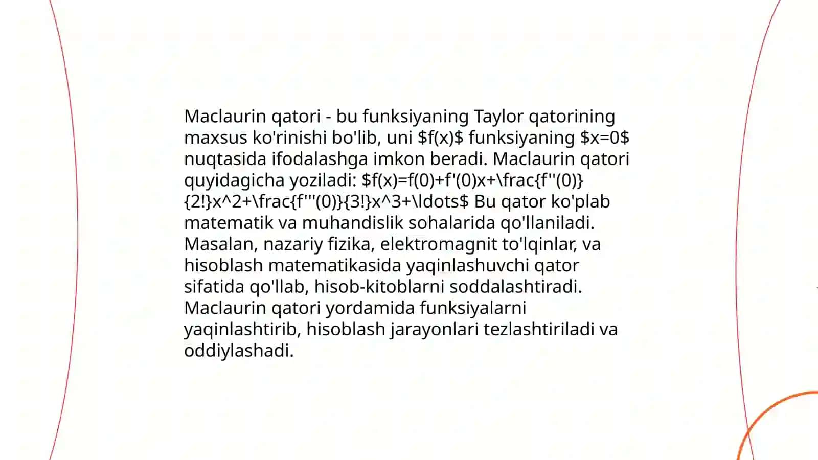 Teylor va Maklaurns seriyalarini bir o'zgaruvchining aniq shakllari uchun kengaytirish muammolari - L'Hospital qoidasi. Qisman. farqlash; Jami hosilalar - kompozit funksiyalarni differentsiallash 4