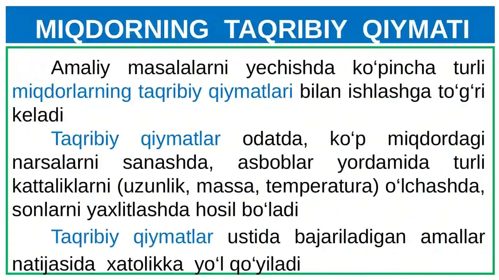 Miqdorning taqribiy qiymati, sonlarni yaxlitlash, absolut va nisbiy xatolik, sonning moduli va  standart shakli. 11-sinf Algebra fanidan dars ishlanma. 4