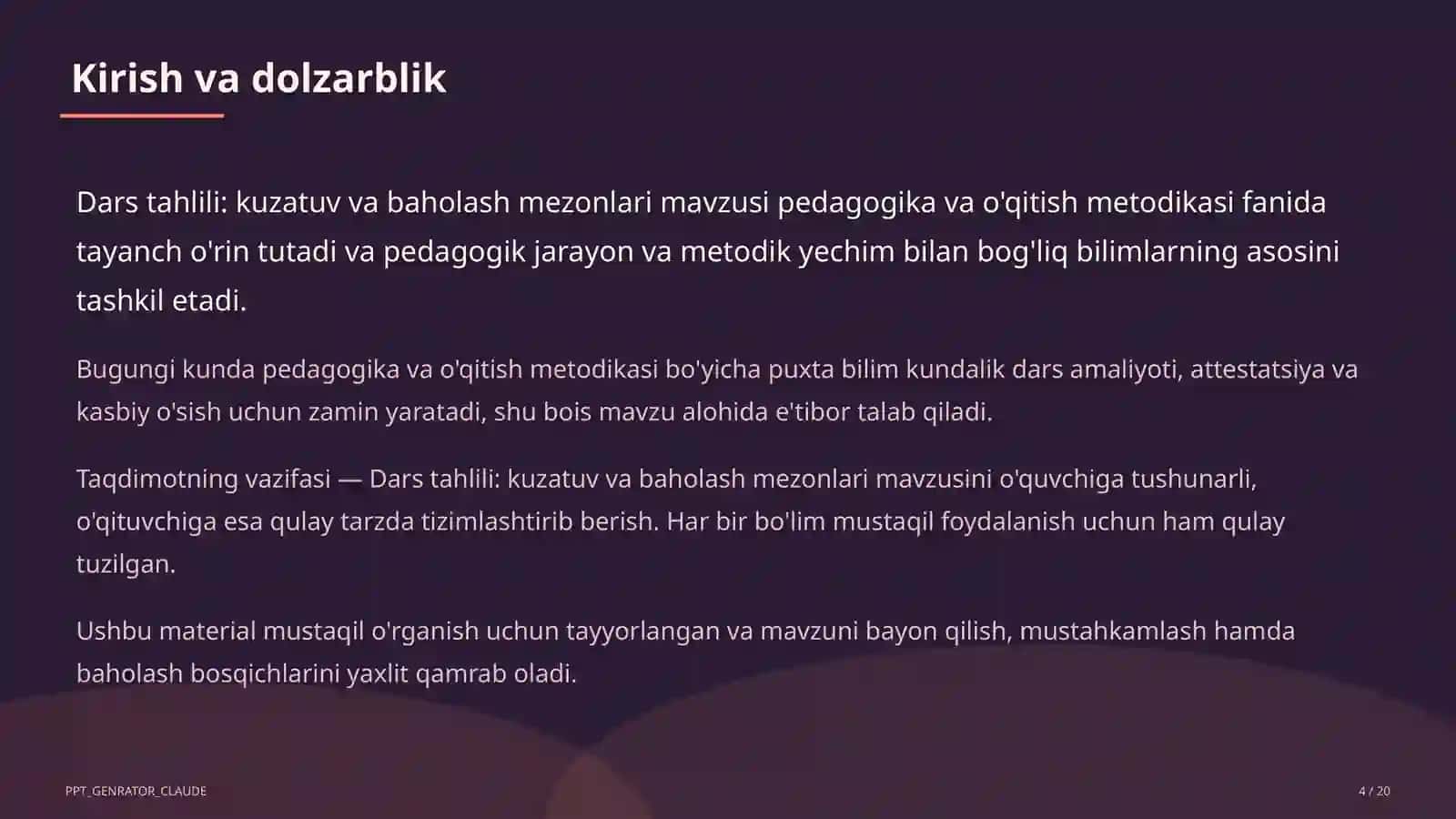 Dars tahlili: kuzatuv va baholash mezonlari 4