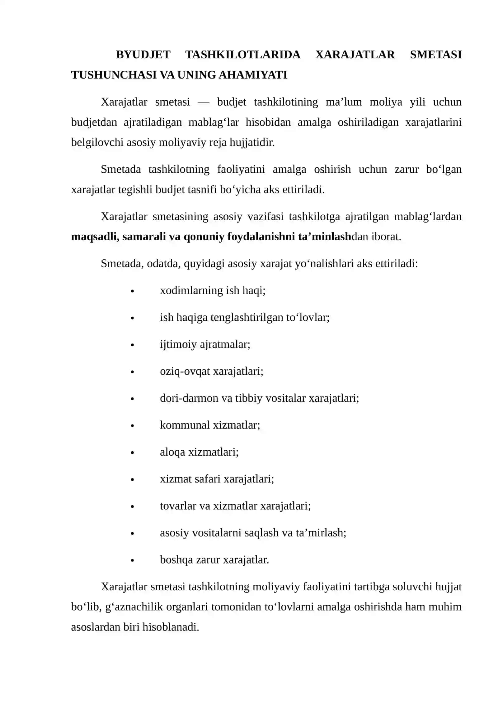 Xarajatlar smetasi tushunchasi va uning ahamiyati 4