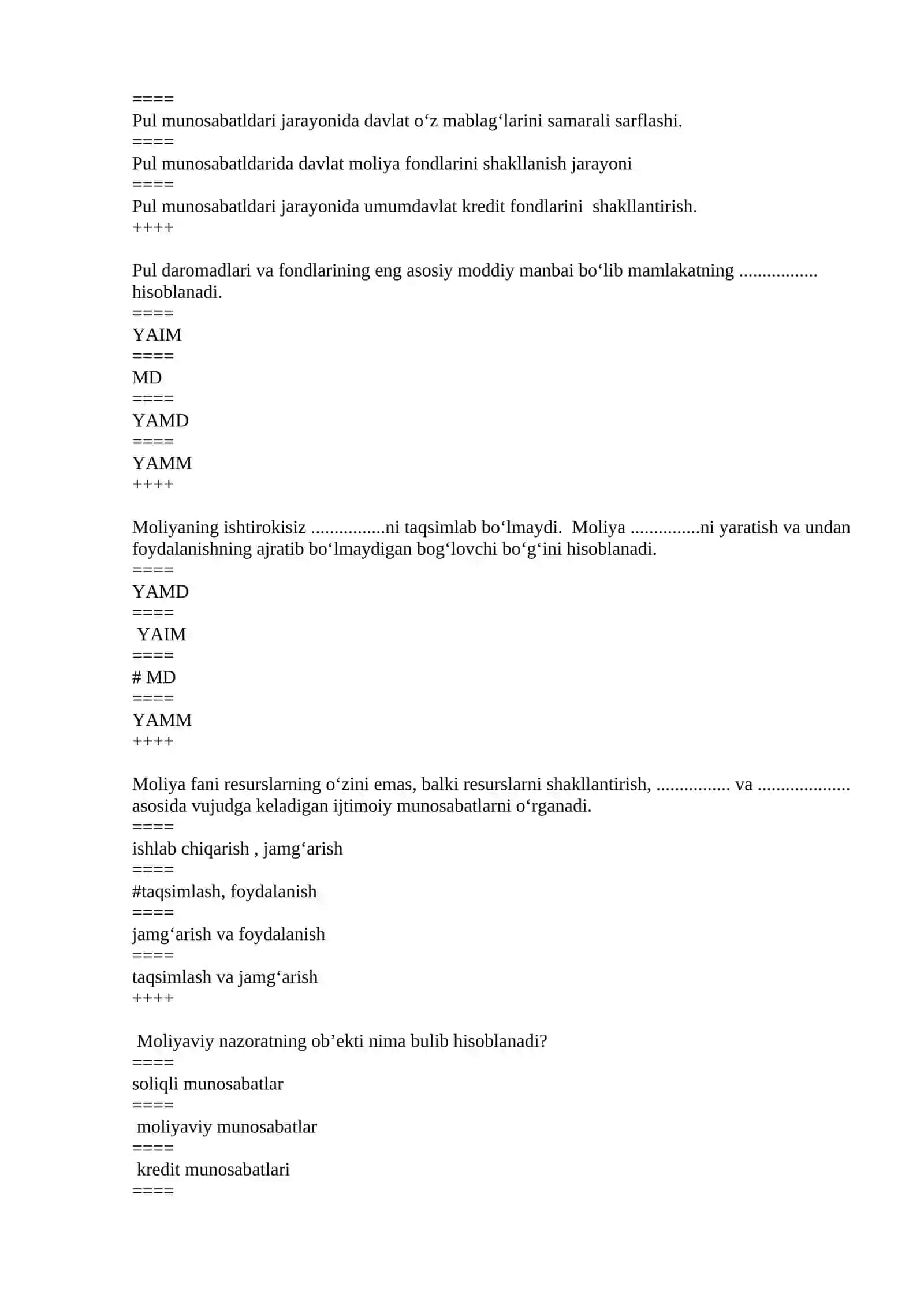 Moliya yakuniy test savollari javoblari bilan 4