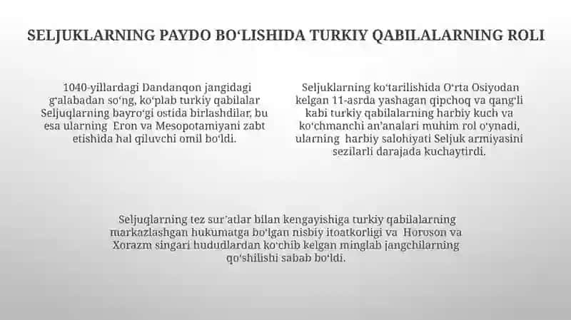 Saljuqiylarning rivojlanishiga hissa qoʻshgan omillar 4
