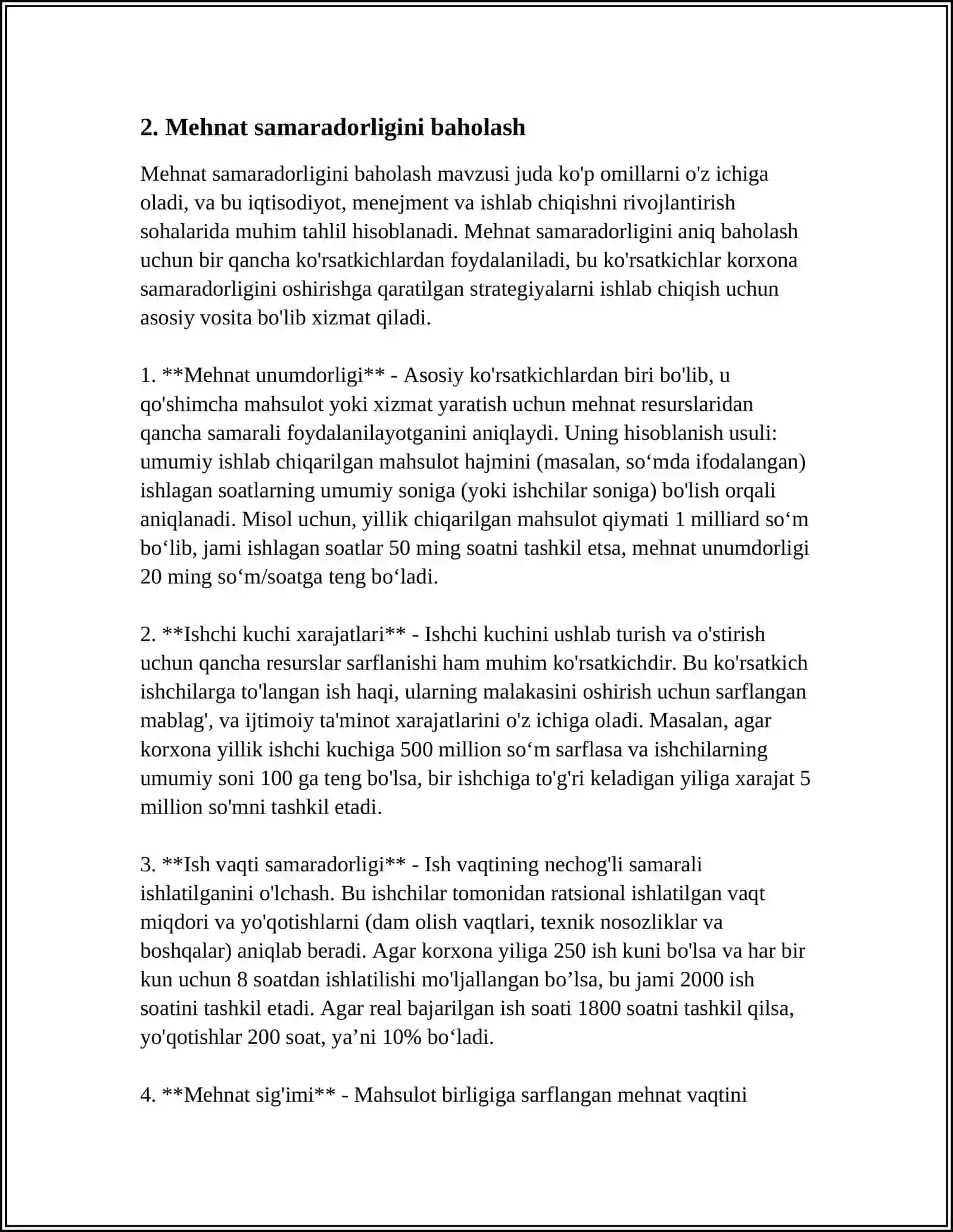 MEHNAT UNUMDORLIGI VA HOSILDORLIK, OʻRTACHA MIQDORLAR.FOIZGA DOIR IQTISODIY MAZMUNDAGI ARALASH MASALALAR 4