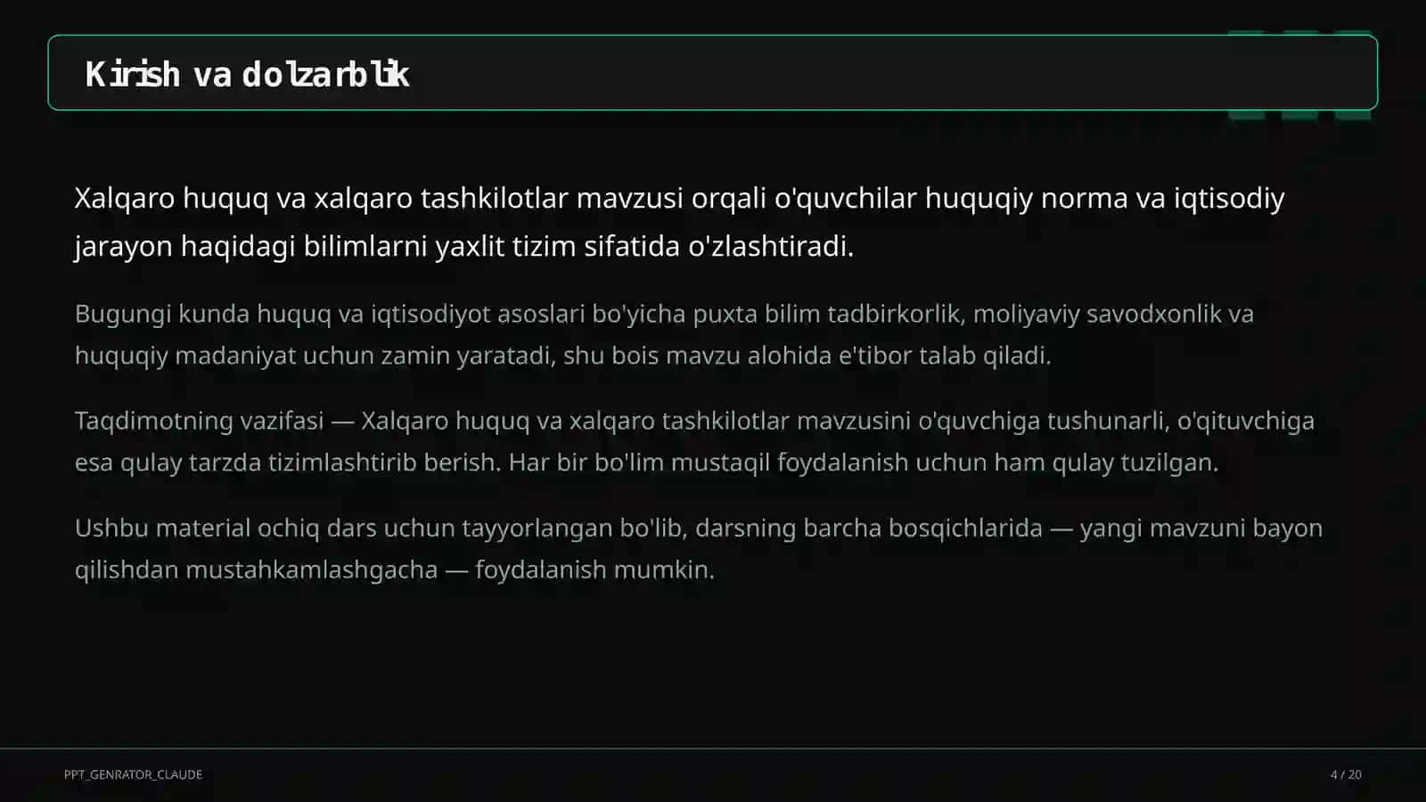 Huquq va iqtisodiyot asoslari (9–11) — ochiq dars uchun 4