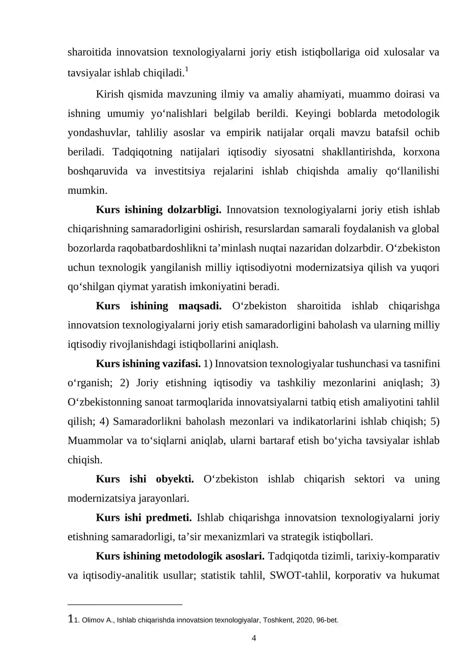 " ISHLAB CHIQARISHGA INNOVATSION TEXNOLOGIYALARNI JORIY ETISHNING SAMARADORLIGI VA O‘ZBEKISTON ISTIQBOLLARI" mavzusi 4