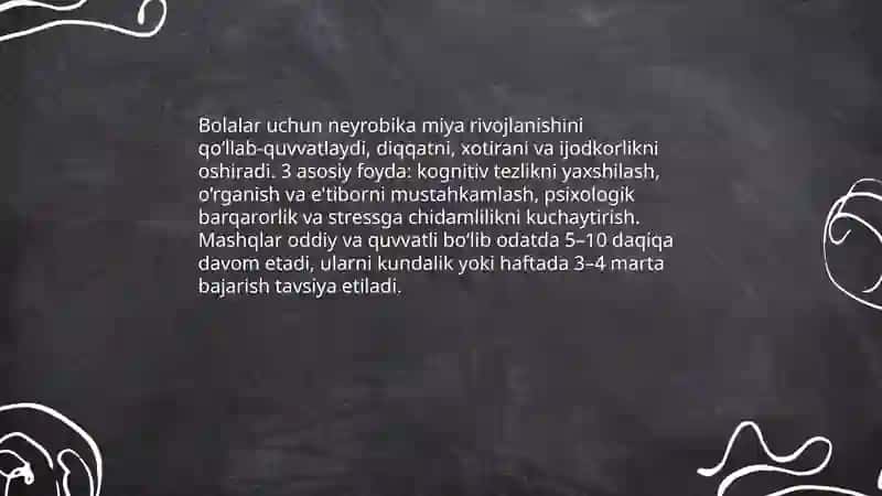 Neyrobika haqida tushuncha, bolalar uchun neyrobika - miya rivojlanishi uchun mashqlar mazmuni 4