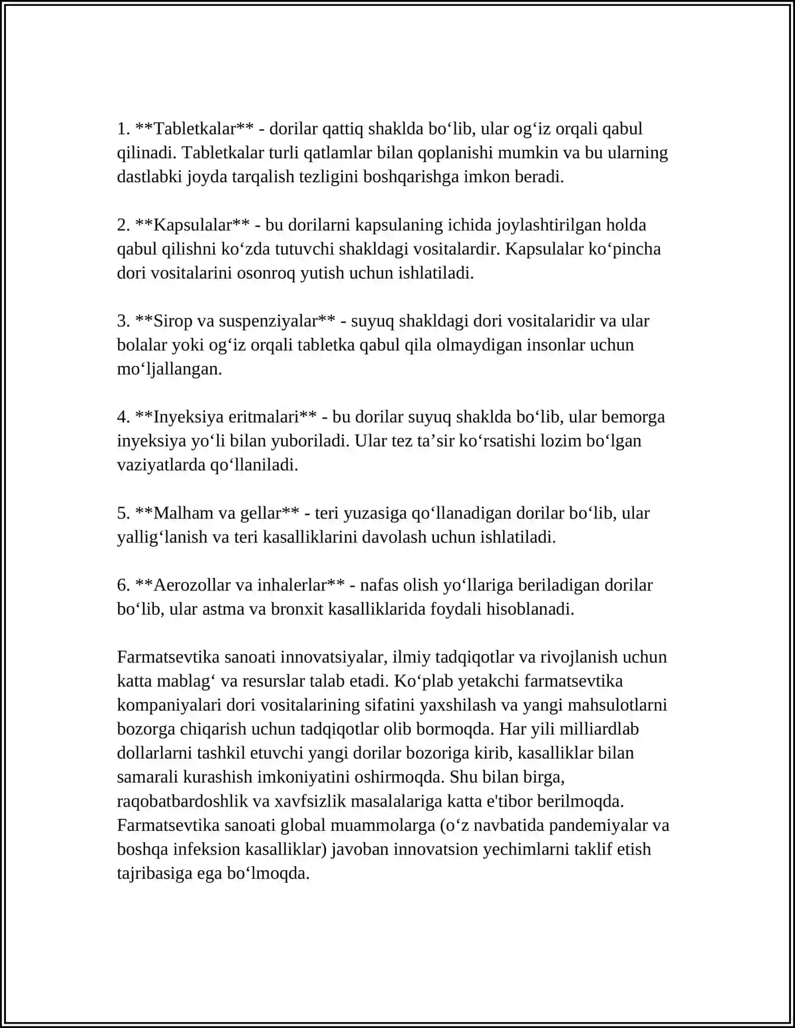 SANOAT MIQYOSIDA ISHLAB CHIQARILADIGAN DORI VOSITALARI,TURLARI VA SHAKLLARI 4