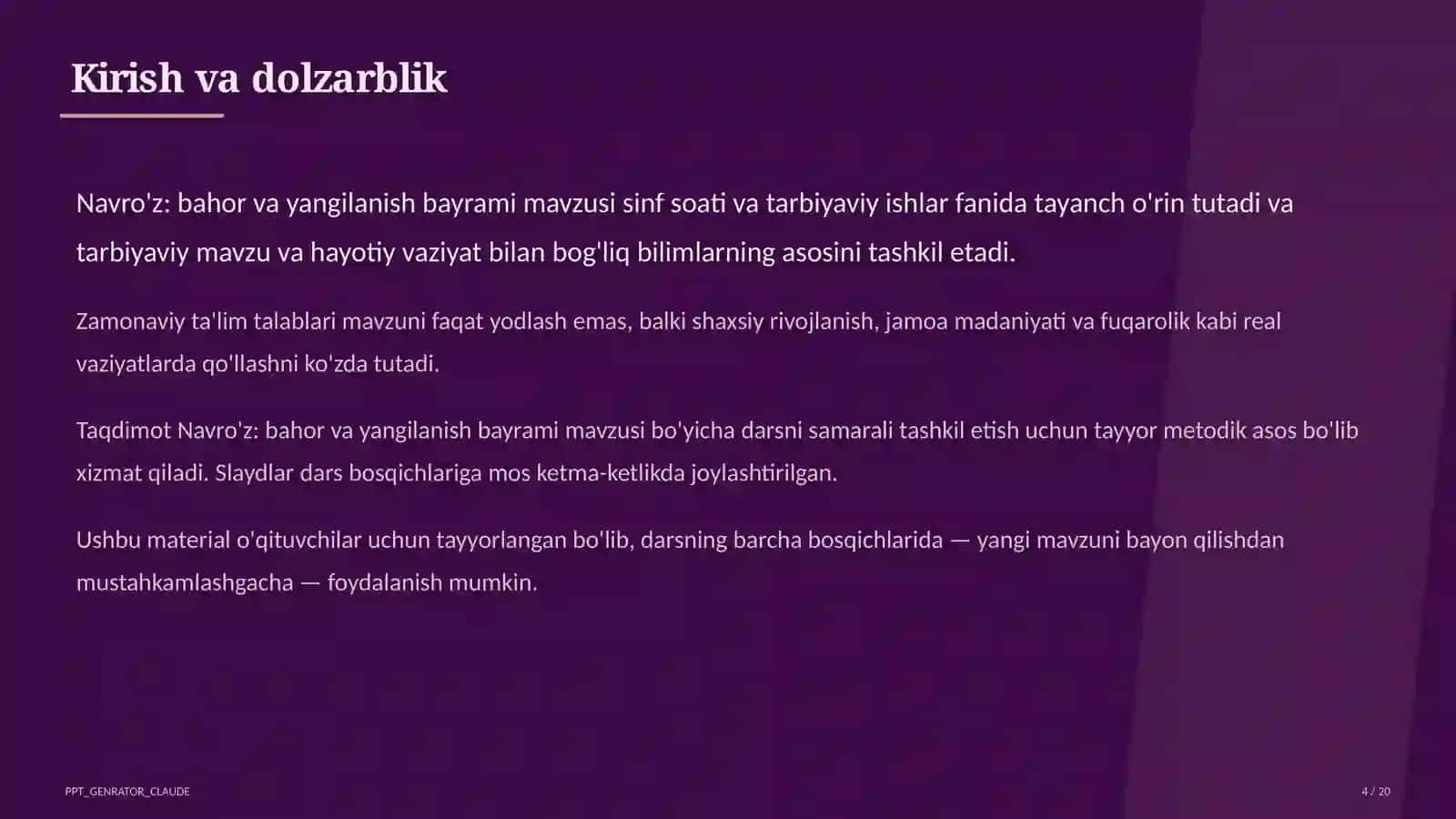 Sinf soati va tarbiyaviy tadbirlar (1–11) — o'qituvchilar uchun 4