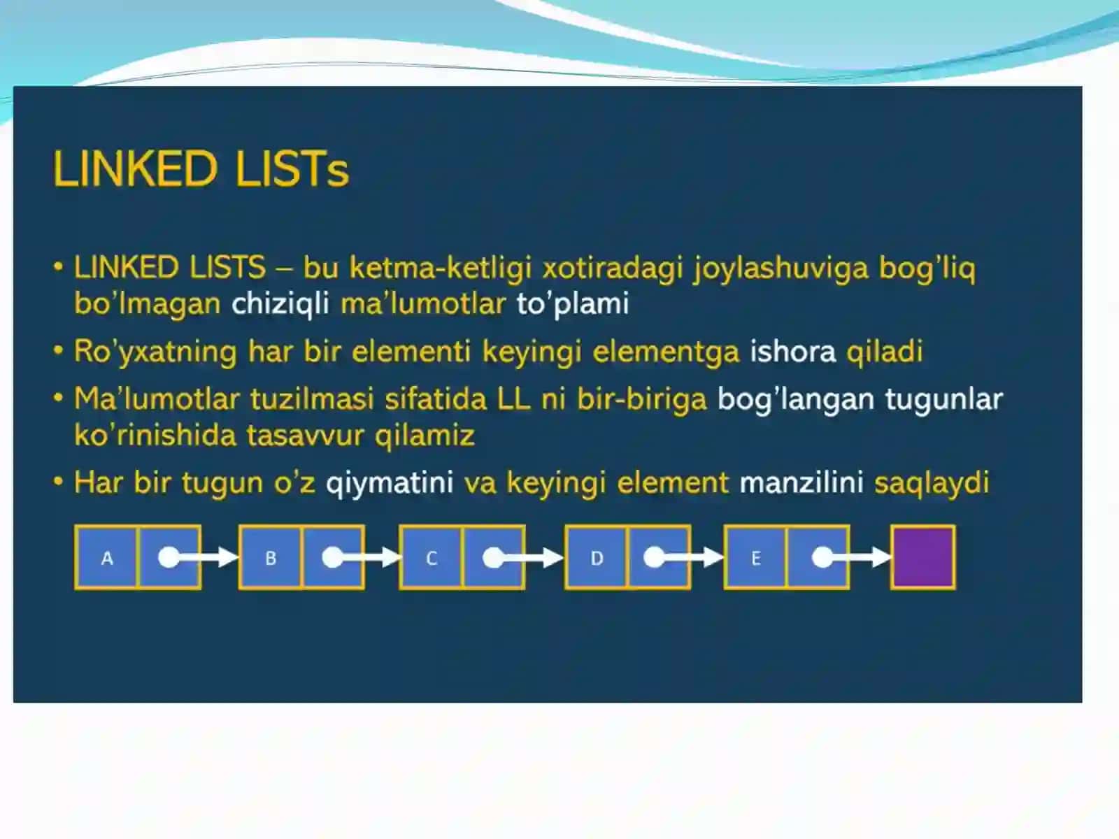 Bog‘langan ro‘yxatlar.  Bog‘langan ro‘yxatlar  – bir bog‘langan va ikki bog‘langan ro‘yxatlar 4