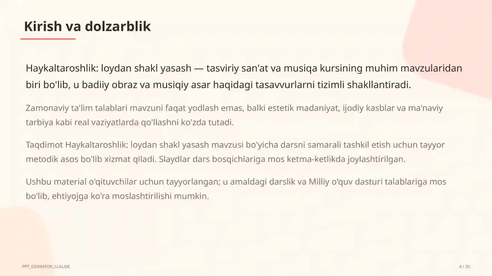 Haykaltaroshlik: loydan shakl yasash (4-sinf) 4