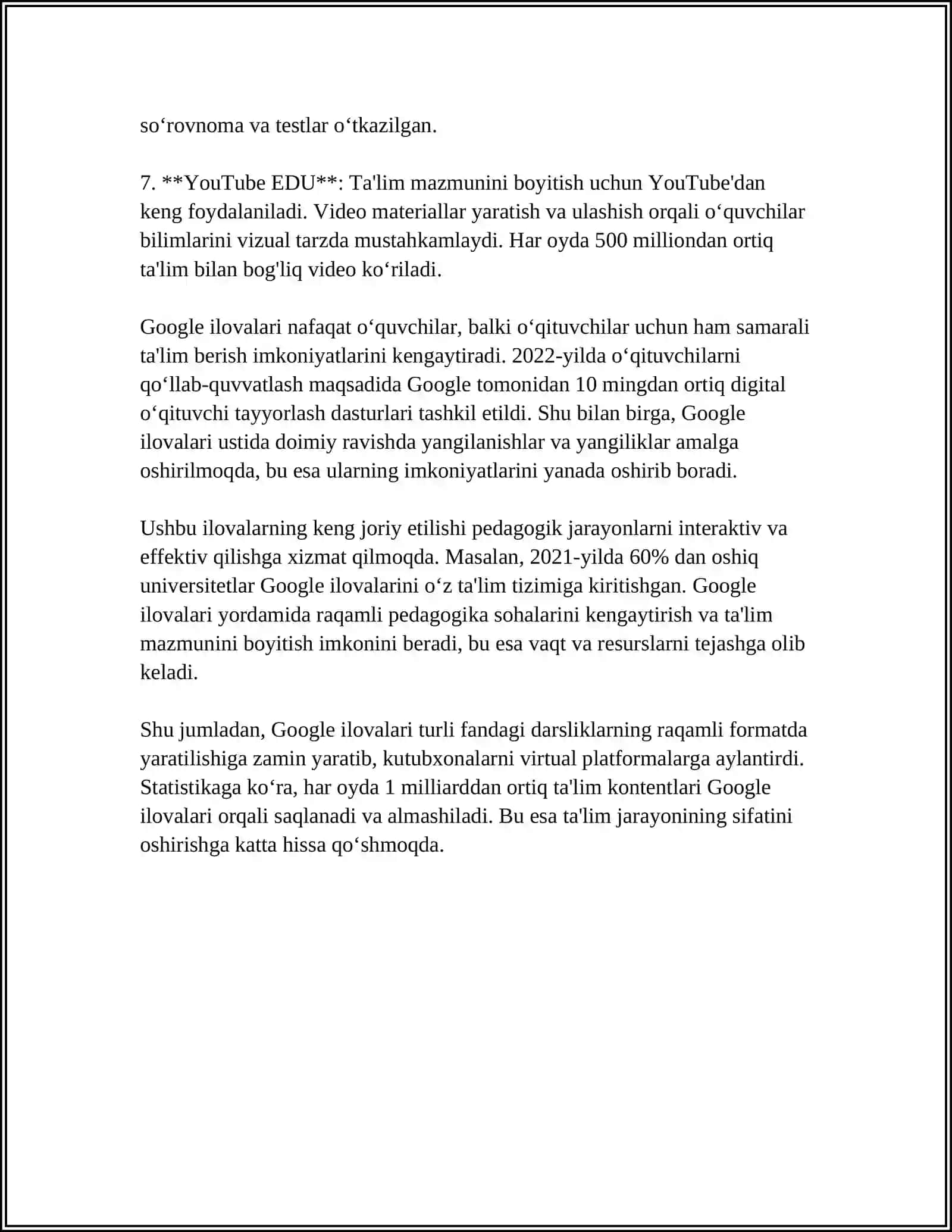 MUSTAQIL ISH Mavzu: GOOGLE ILOVALARI YORDAMIDA PEDAGOGIK FANLARNI ÔQITISHNING MAZMUNI 4