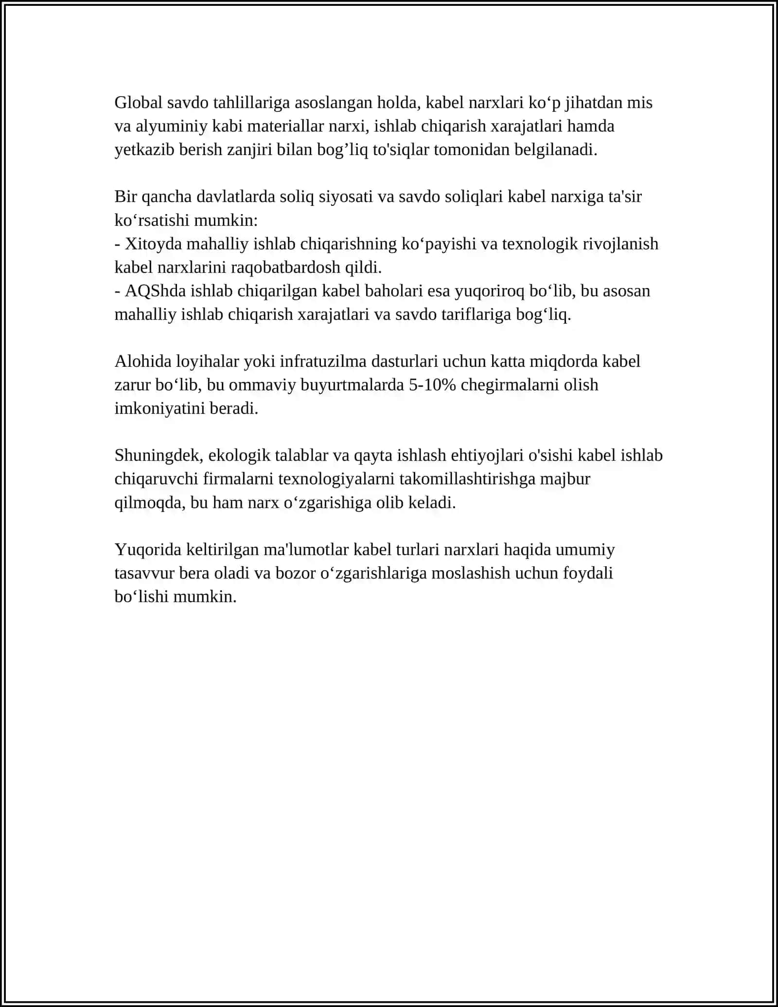 KABEL TURLARINING NARXLARI VA BOZOR TAHLILI 4