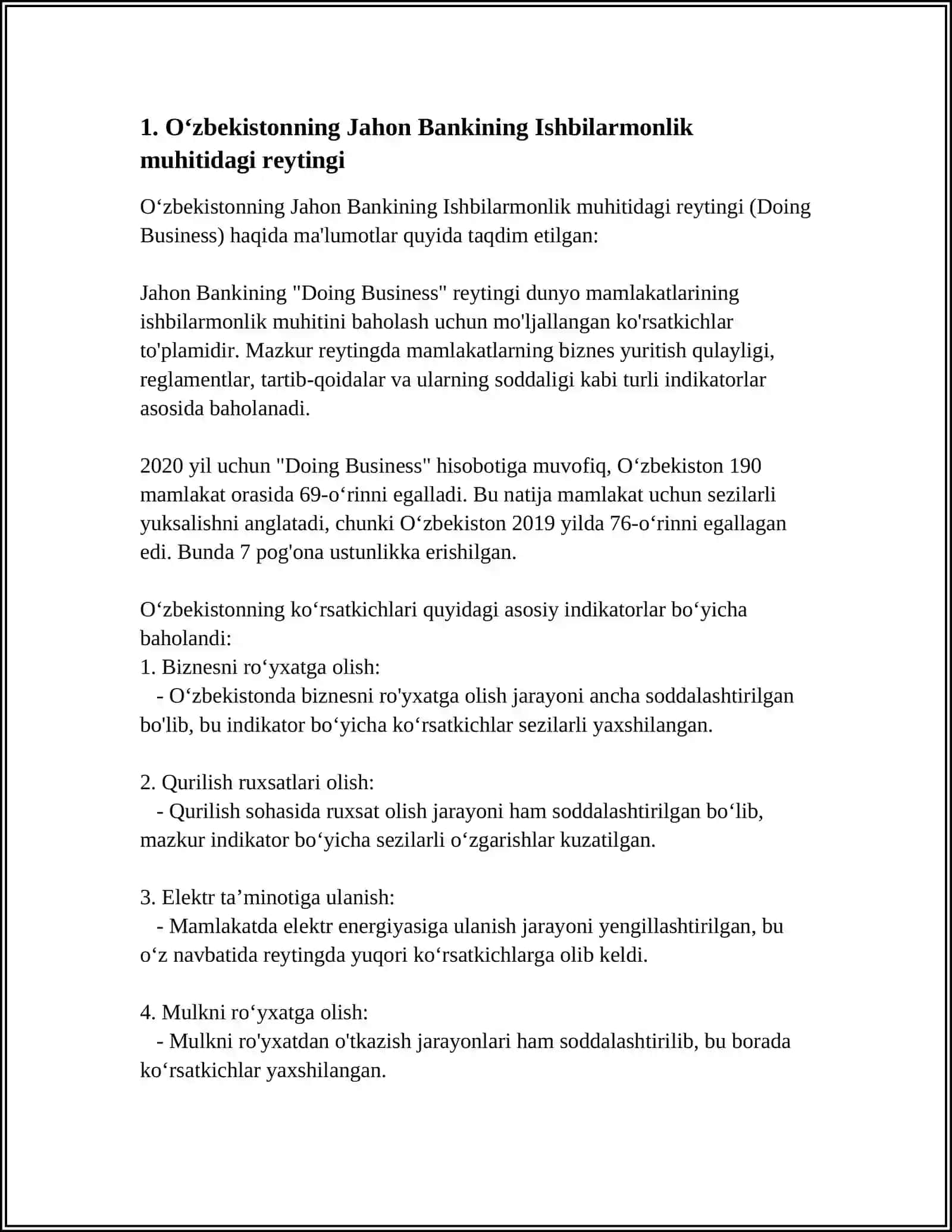 OʻZBEKISTON RESPUBLIKASIDAGI XALQARO REYTING VA INDEKSLARDAGI OʻRNI VA NUFUZINI ORTIB BORISHI 4
