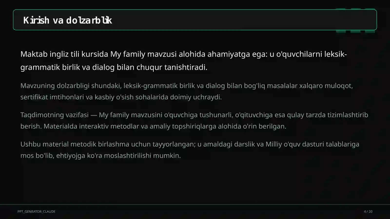 My family (1-sinf) Ingliz tili (1–11) — metodik birlashma uchun 4