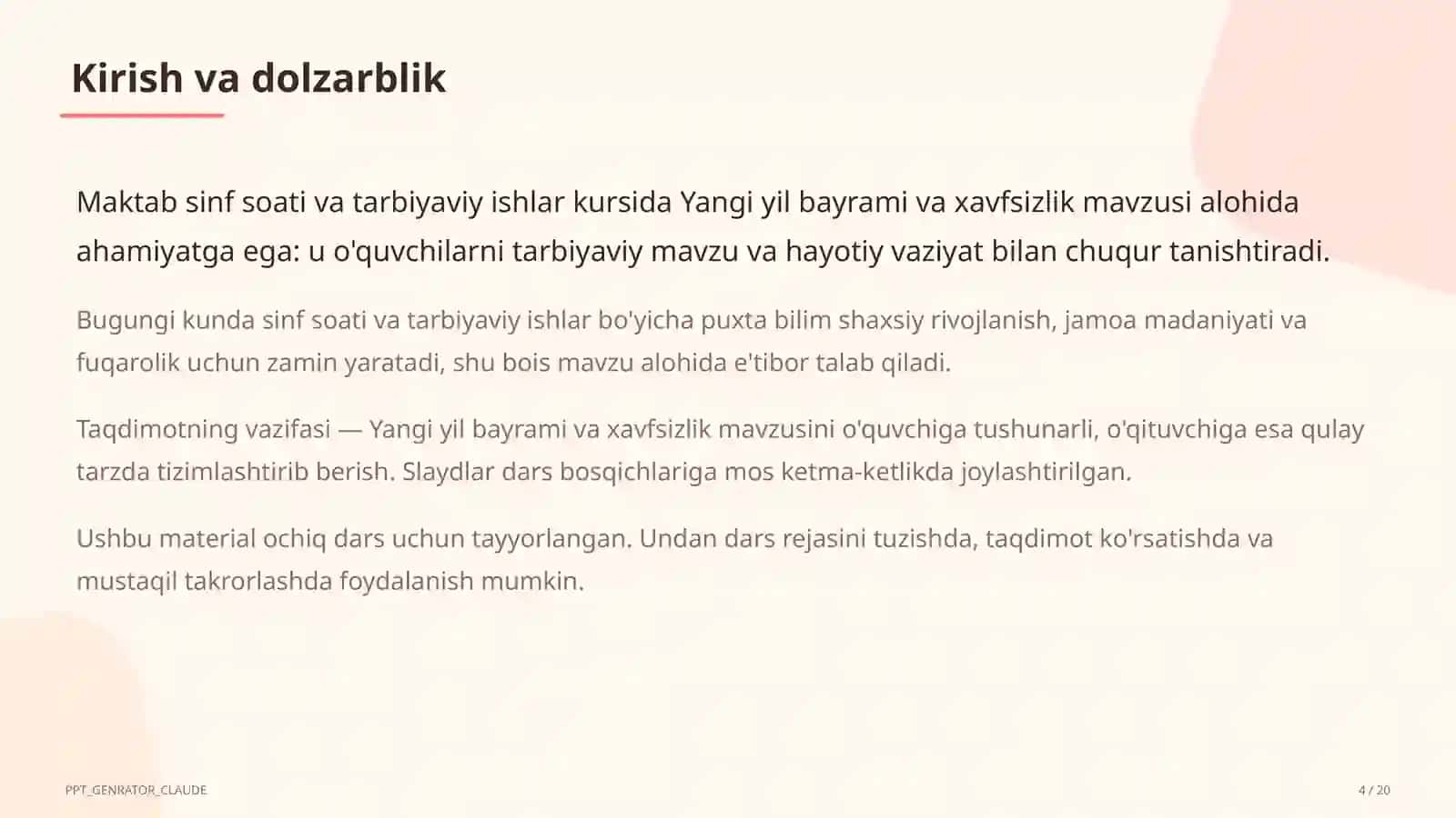 Sinf soati va tarbiyaviy tadbirlar (1–11) - ochiq dars uchun 4
