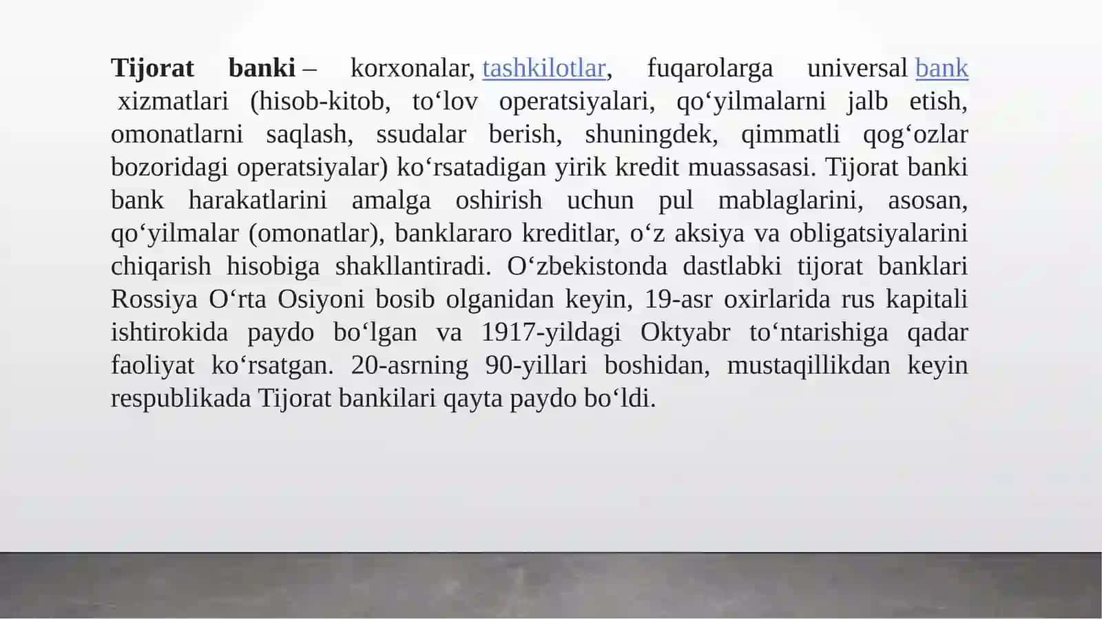 IQTISODIYOT VA TARMOQLAR FAKULTETI MOLIYA VA MOLIYAVIY TEXNALOGIYA TA’LIM YO’NALISHI2-KURS(SIRTQI) 223-GURUH TALABASIXUDOYQULOVA GULNORA XURRAM QIZININGBANK ISHIFANIDAN TAYYORLAGAN MUSTAQIL ISHI 4