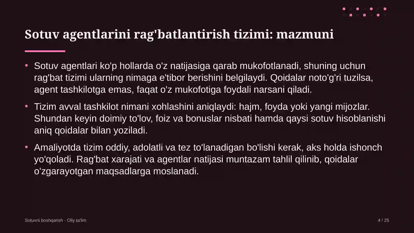 Xorijiy universitetlar filiallarida sotuv agentlarini rag'batlantirish tizimi 4