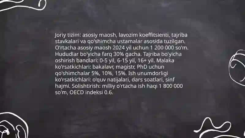 O'qituvchilarning oylik maoshini bosqichma-bosqich oshirishga qaratilgan aniq qadamlarni belgilash 4