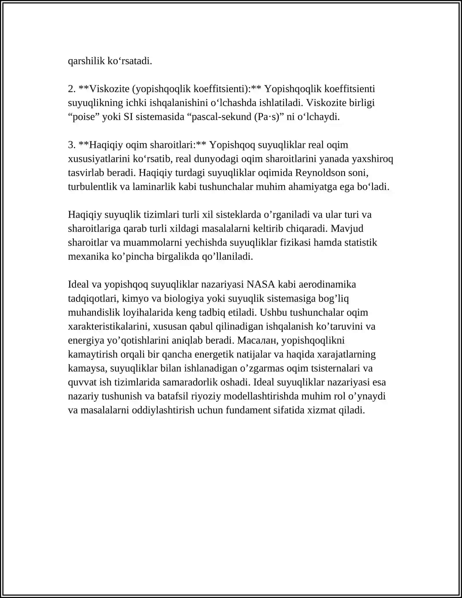 IDEAL VA YOPISHQOQ SUYUQLIK. SIQILMAYDIGAN SUYUQLIK GIDROSTATIKASI. IDEAL SUYUQLIKNING STATSIONAR HARAKATI. BEMULLI TENGLAMASI. YOPISHQOQ SUYUQLIK GIDRODINAMIKASI. YOPISHQOQLIK KOEFFITSIYENTI. SUYUQLIKNING QUVUR ICHIDAGI OQIMI. PUAZEYL FORMULASI 4
