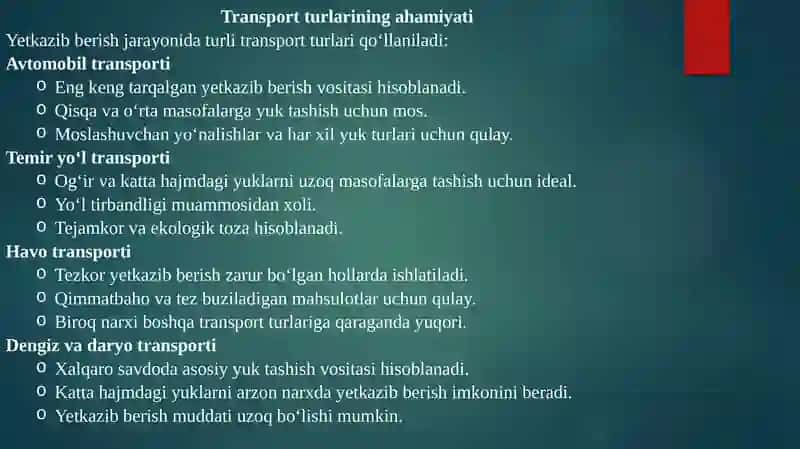 Yetkazib berishda transport vositalarining turlari va ularning moddiy-texnika bazasi 4
