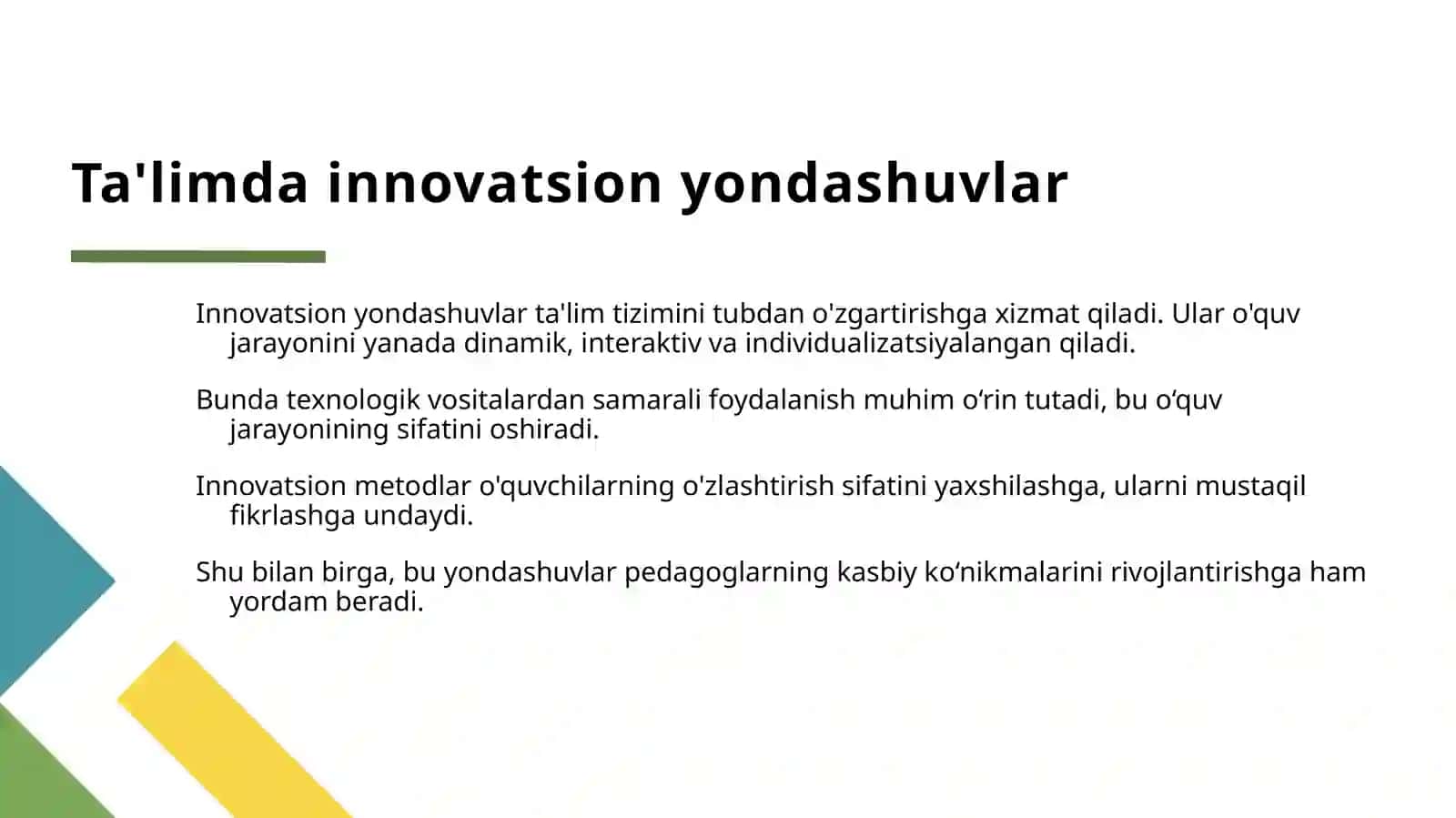 YANGI PEDAGOGIK TEXNOLOGIYALAR VA FAOL PEDAGOGIK TEXNOLOGIYALAR ASOSIDA DARS ISHLANMALARINI TUZISH VA TAHLIL QILISH 4