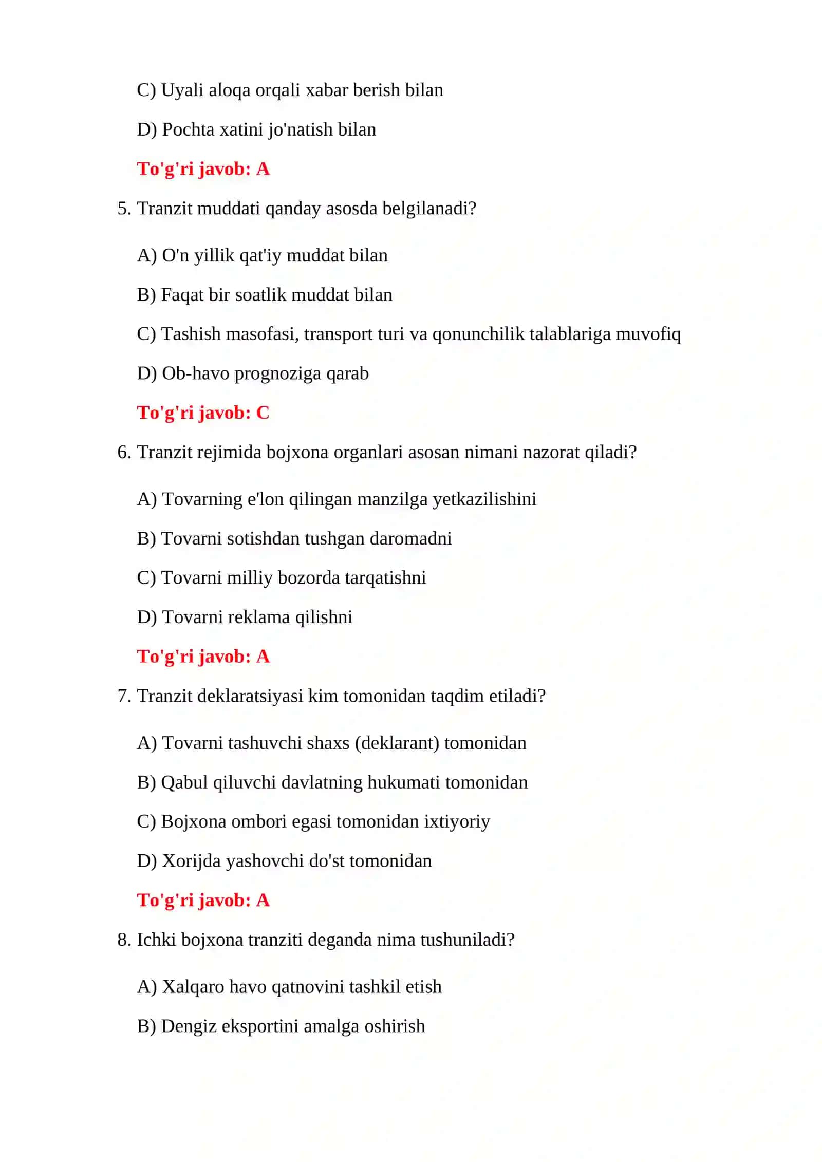 BOJXONA REJIMLARI BO'YICHA 100 TA TEST 4