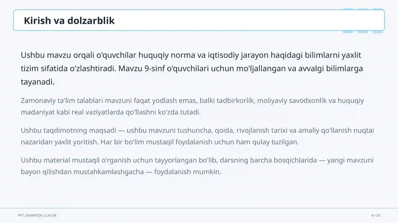O'zbekiston Respublikasi Konstitutsiyasi: asosiy tamoyillar (9-sinf) 4