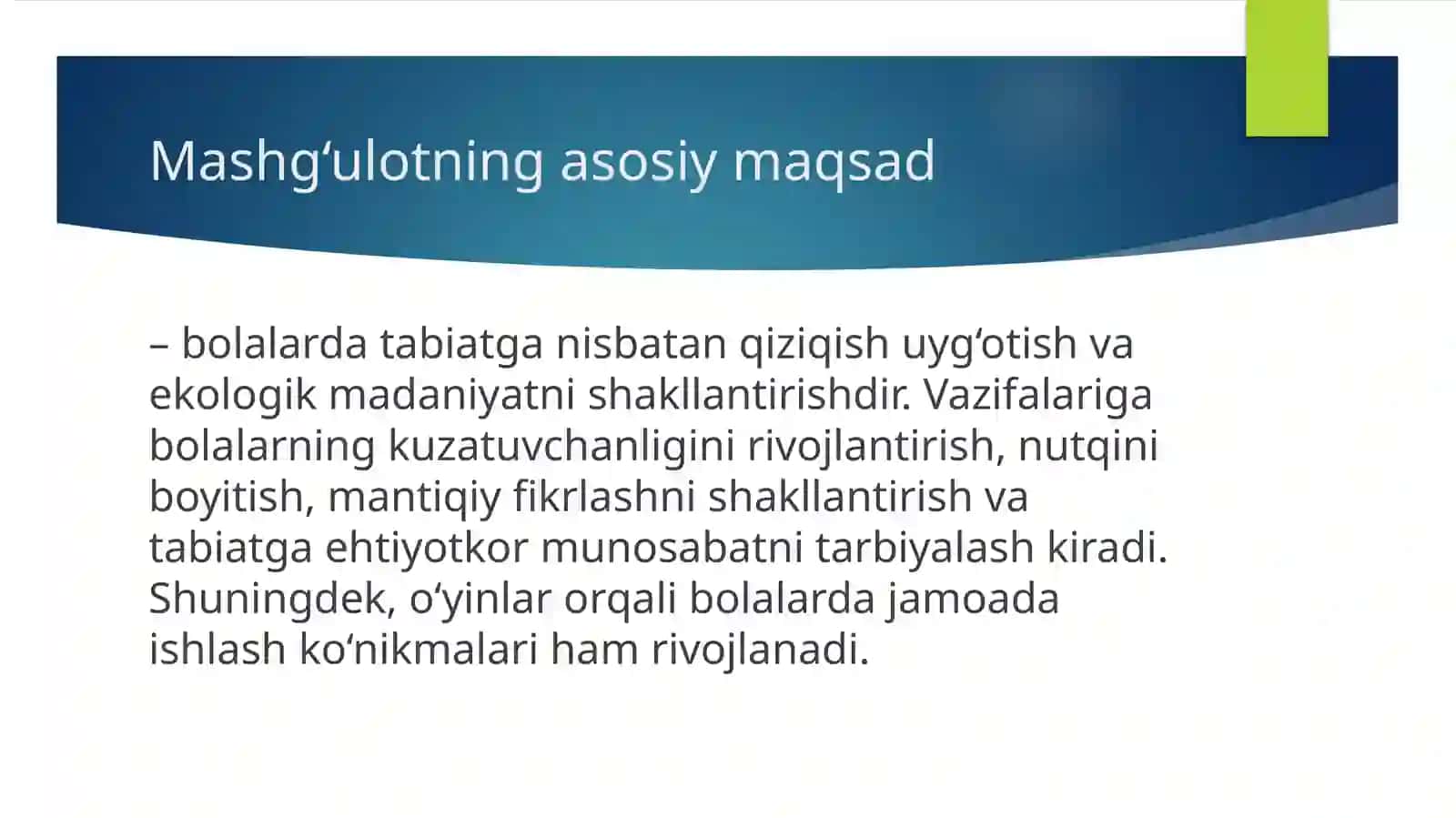 Katta guruhda tabiatga oid o'yinlarni tashkil etishning mashg‘ulot ishlanmalarini tuzish 4