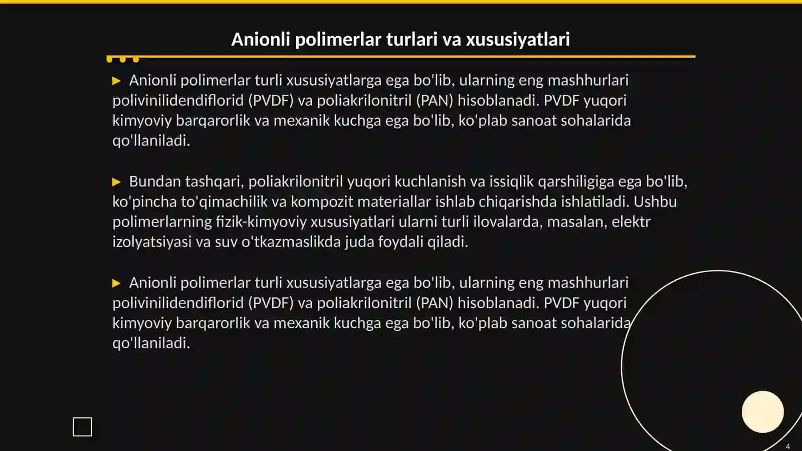 4 Аniоnli pоlimеrlаnish rеаksiyalаri vа ulаrning o‘zigахоs хususiyatlаri 4