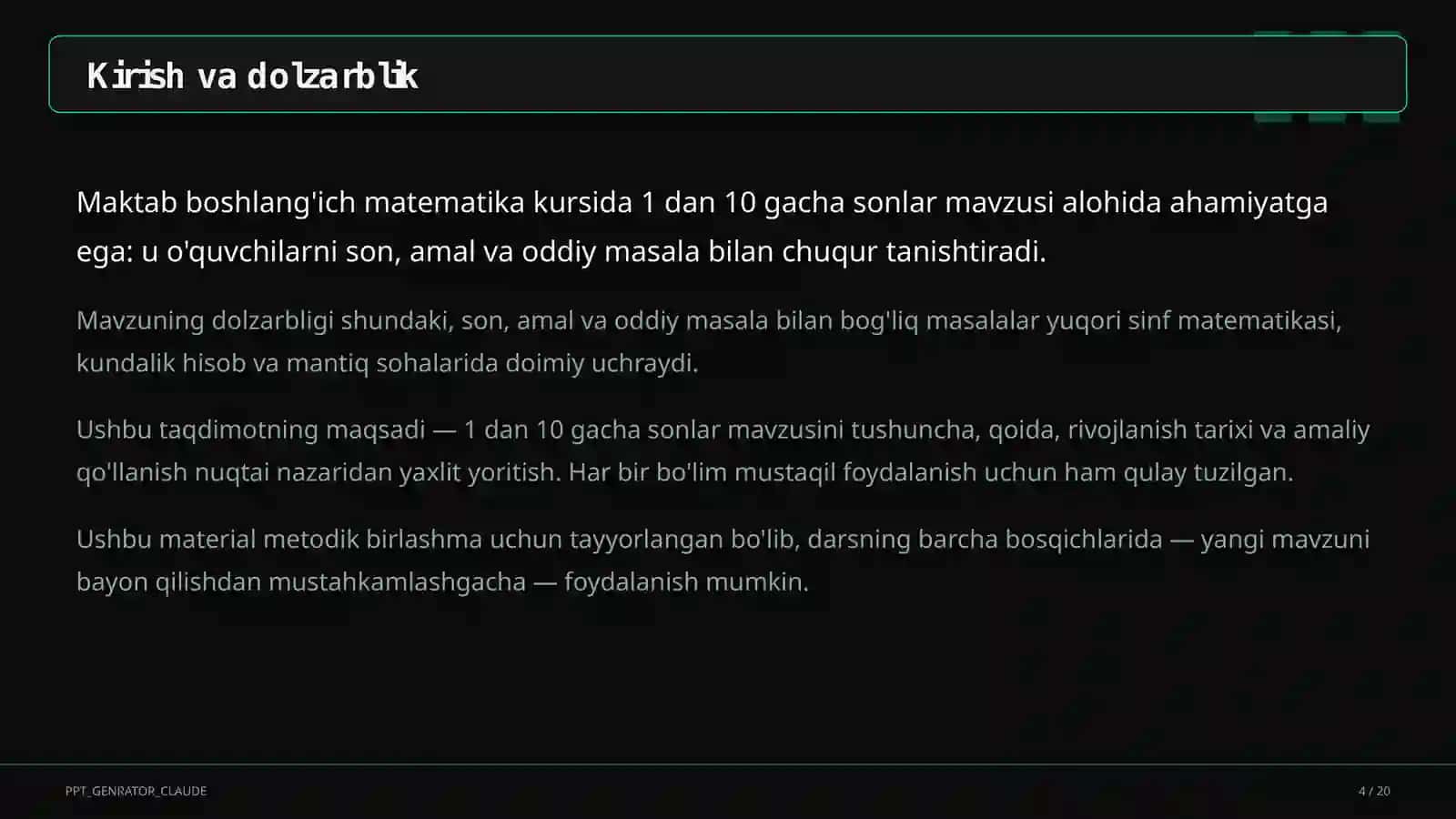 Boshlang'ich sinf: Matematika (1–4) — metodik birlashma uchun 4