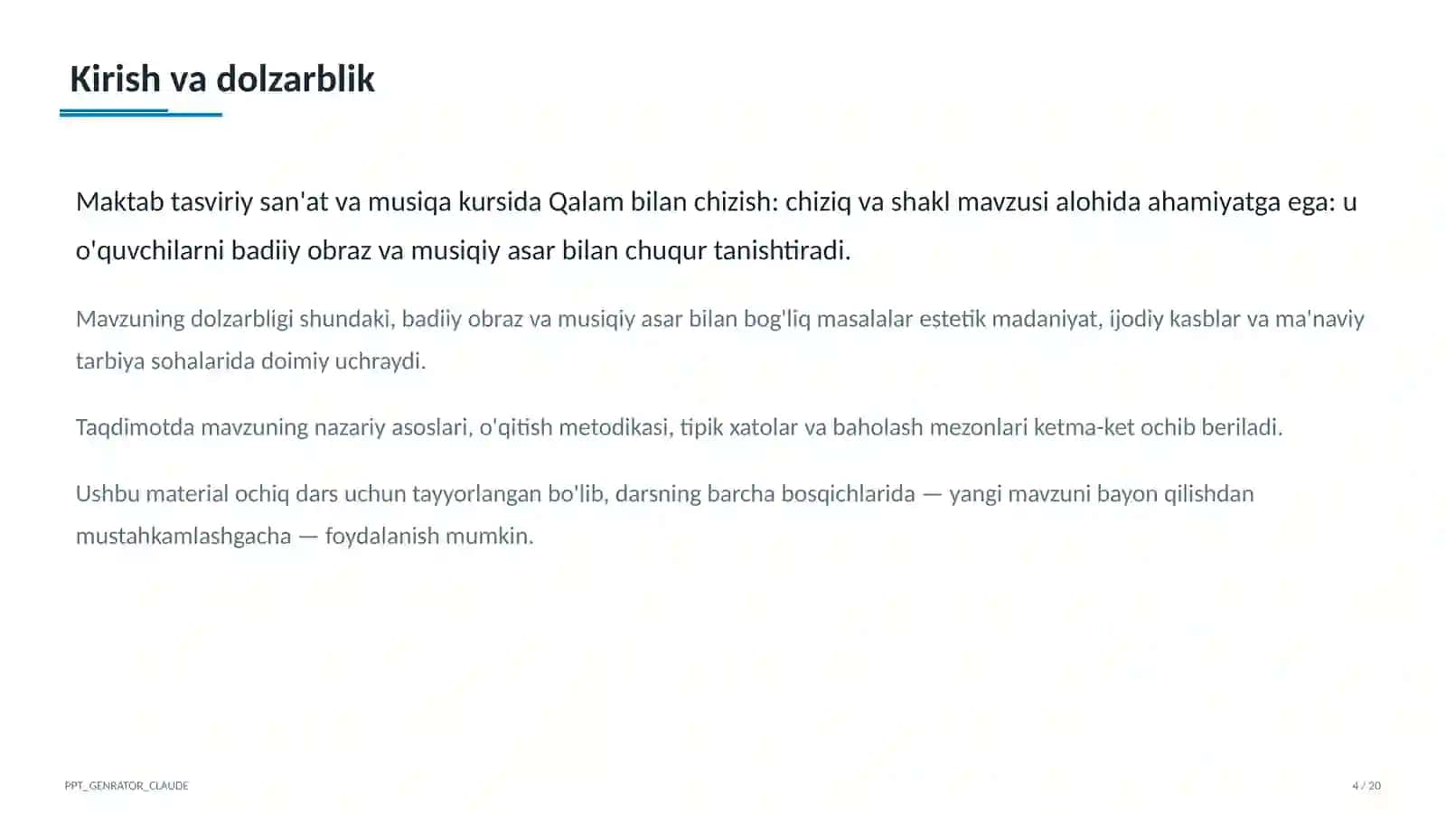 Tasviriy san'at va musiqa (1–7) — ochiq dars uchun 4