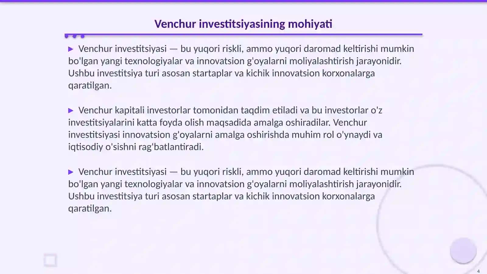 Kichik innovatsion korxonalarning xususiyatlari, venchur investitsiyasi 4