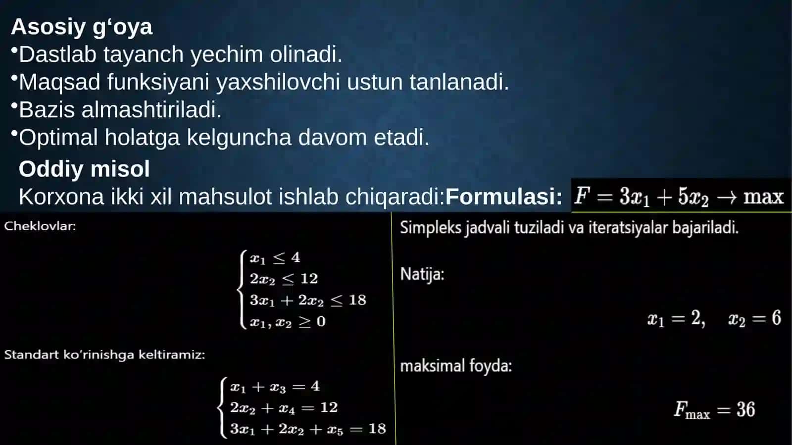 Iqtisodiy masalalarni simpleks usulda yechish. Modifitsirlangan simpleks usul. Xos chiziqli programmalashtrishmasalasi. Sikllanish ε -usuli 4