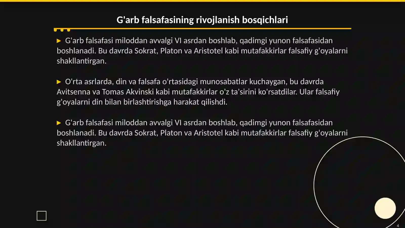 Falsafaning sharhiga oid Sharq va G'arb mutafakkirlari ta'riflarini va ular bo'yicha prezentatsiya tayyorlash 4