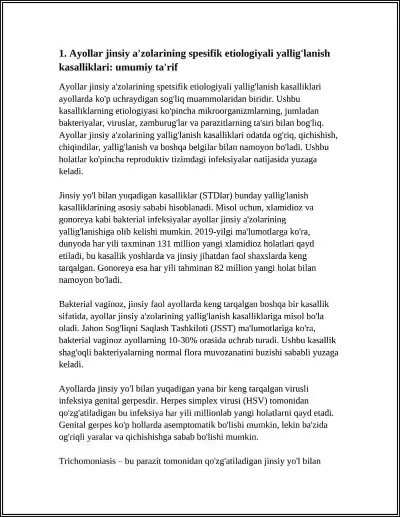 AYOLLAR JINSIY AZOLSI SPESIFIK ETIALOGYALI YALLIG'LANISHI KASALLIKLARI ZAXM KANDIDOZ SO'ZAK MIKROBLARNI ANIQLASH LABARATOR TASHXISLASH 4