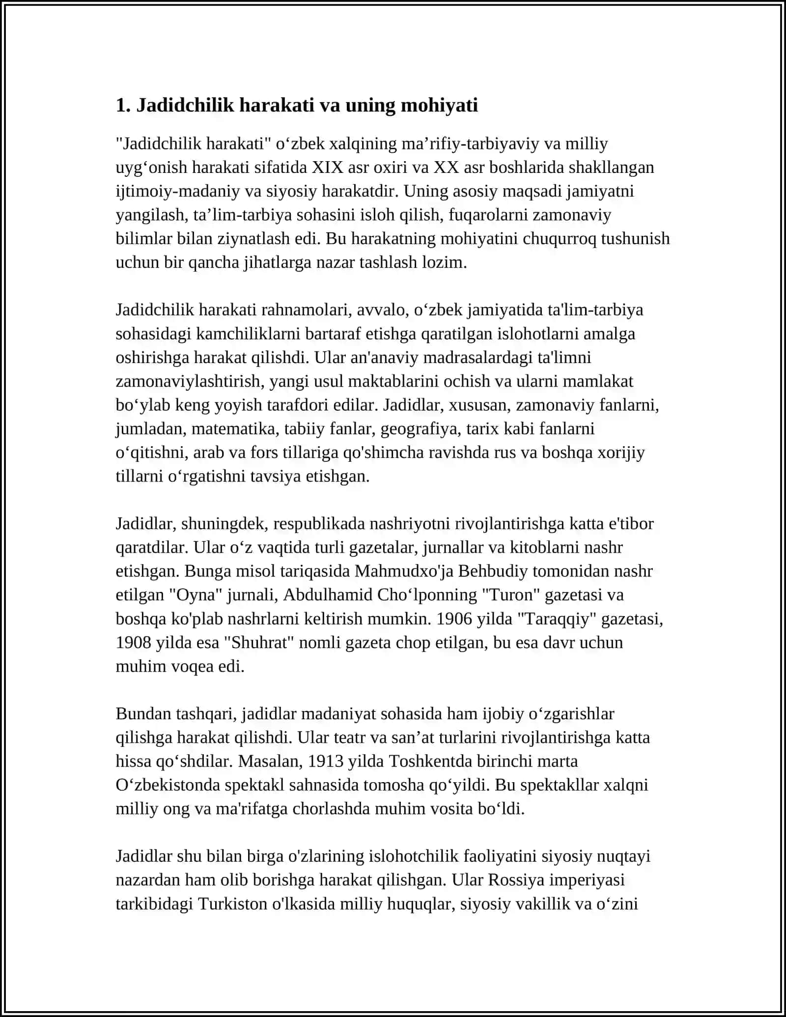 JADID MAPRIFATPARVARLARINING O‘LKA IJTIMOIY-MANAVIY HAYOTIDA TUTGAN O‘RNI (MUNAVVAR QORI,FITRAT,BEHBUDIY,AVLONIY VABOSHQALAR. ) 4