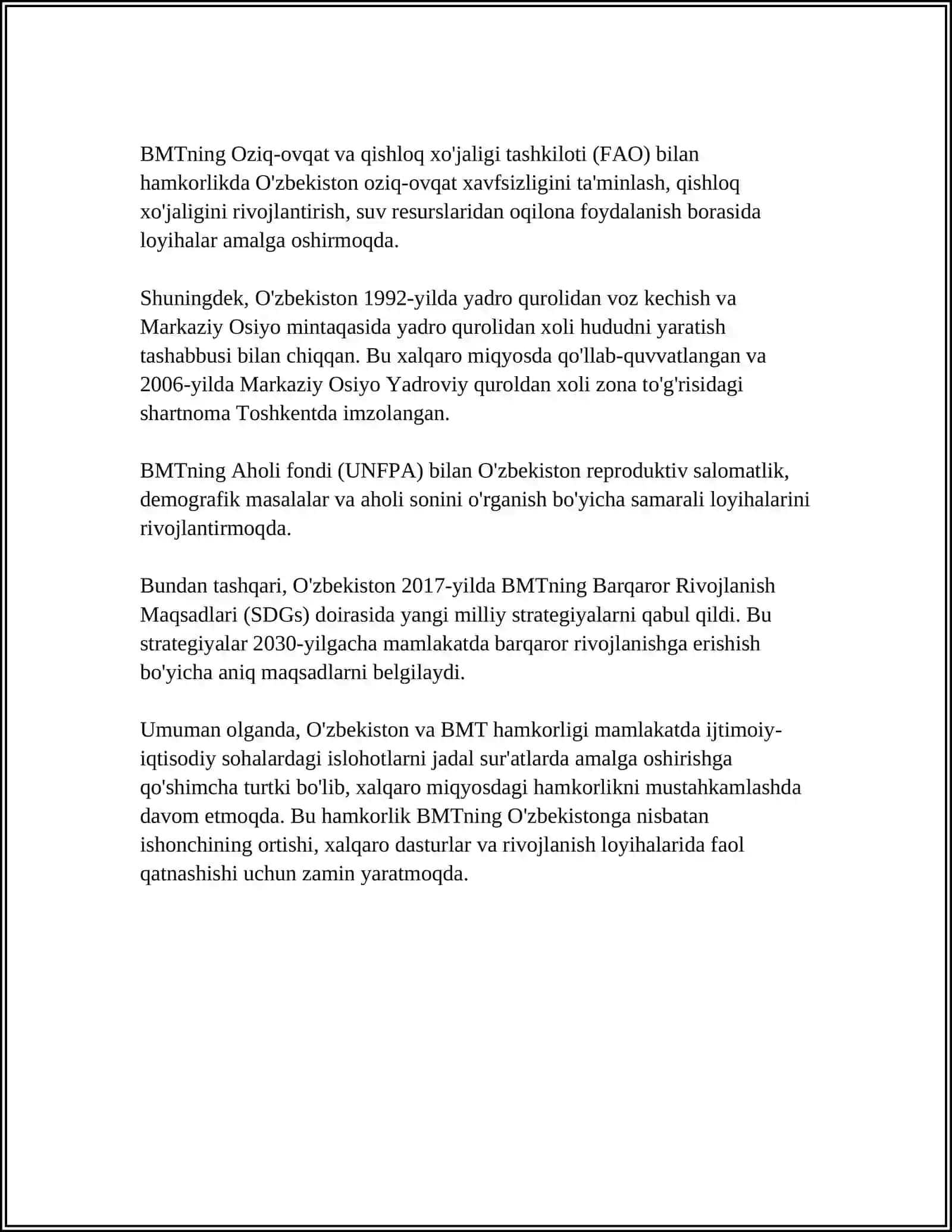O'ZBEKISTONNING XALQARO TASHKILOTLAR BILAN HAMKORLIK ALOQALARI 4