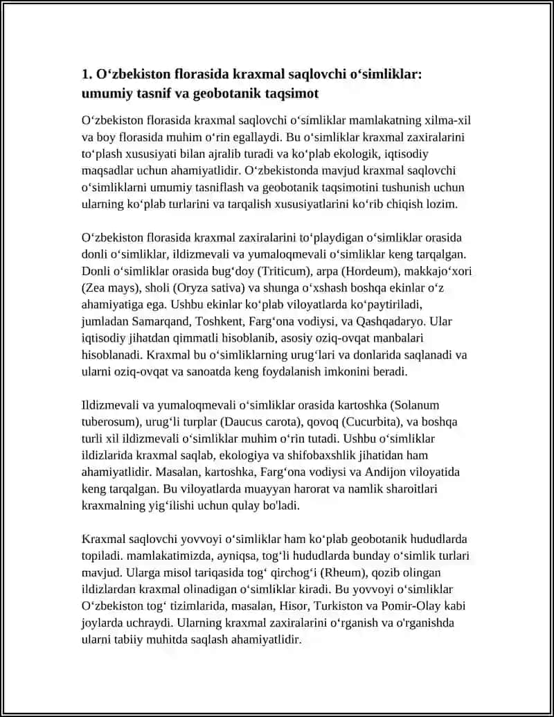 REFERAT Mavzu: OʻZBEKISTON FLORASI - KRAXMAL SAQLOVCHI OʻSIMLIKLARI. OʻSIMLIKLARDAN KRAXMAL AJRATISH USULLARI. TIBBIYOTDA QOʻLLANILISHI. 4
