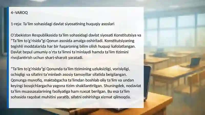 O‘zbekiston Respublikasining ta’lim va sog‘liqni saqlash sohasidagi davlat siyosati va qonunlari 4