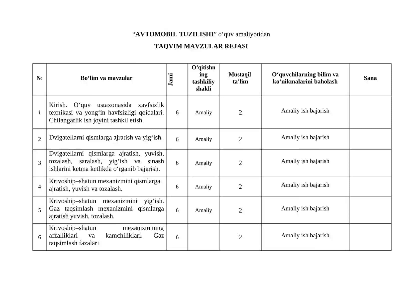 «Avtomobil tuzilishi» o‘quv amaliyotidan  O‘QITISH MATERIALLARI TO‘PLAMI 4