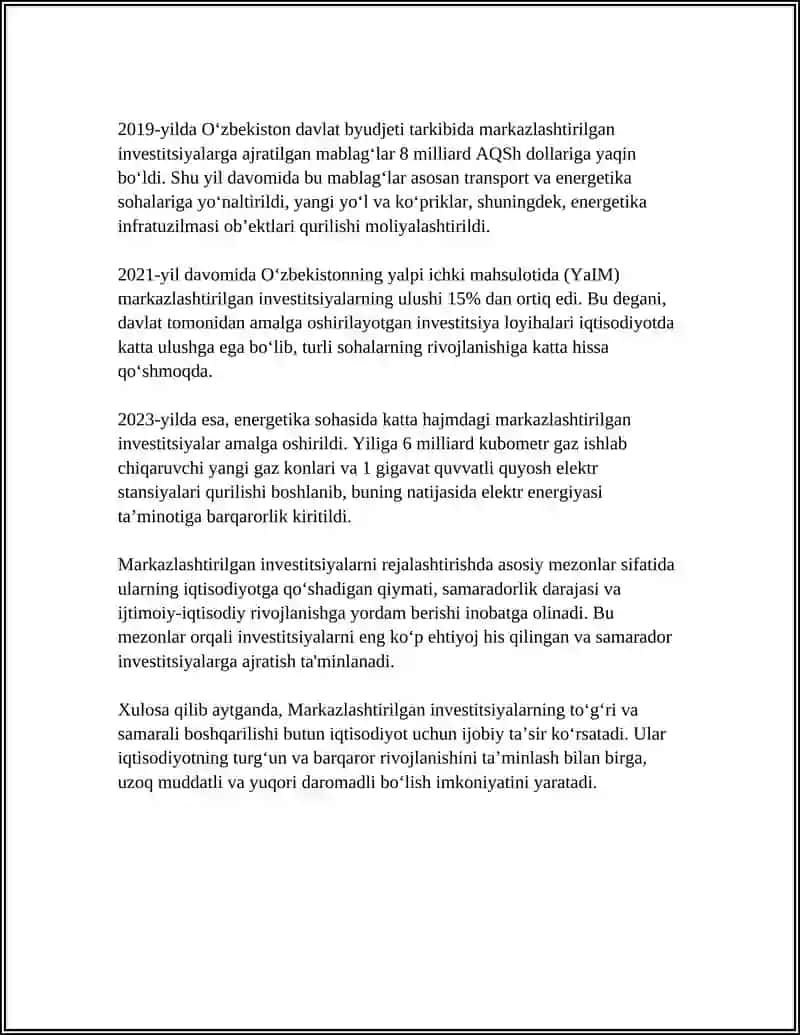 MARKAZLASHTIRILGAN INVESTITSIYALAR ORQALI AMALGA OSHIRILADIGAN INVESTITSIYA LOYIHALARINING XUSUSIYATLARI 4