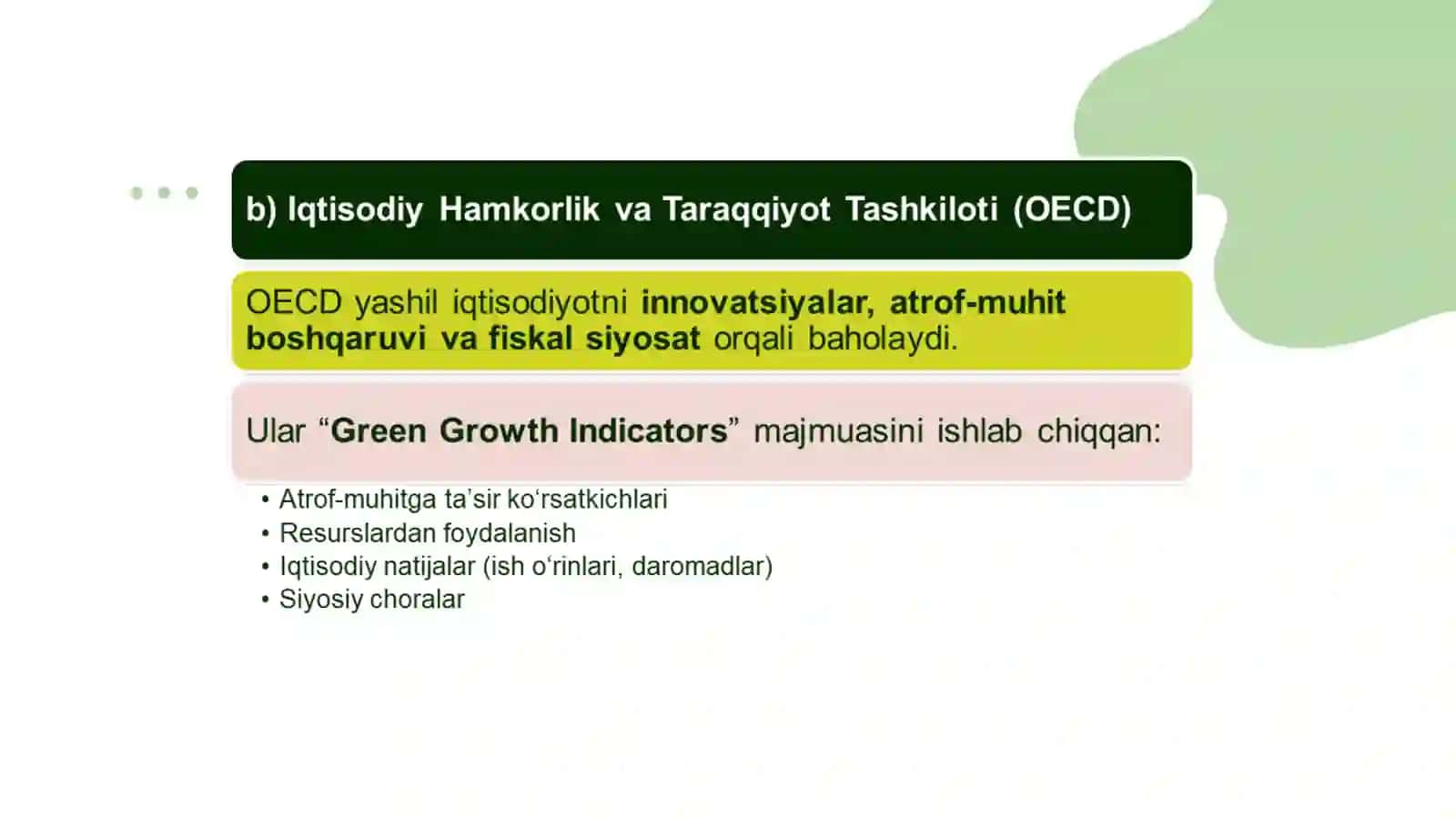 Yashil iqtisodiyotni baxolashda xalqaro tashkilotlarni yondashuvi 4