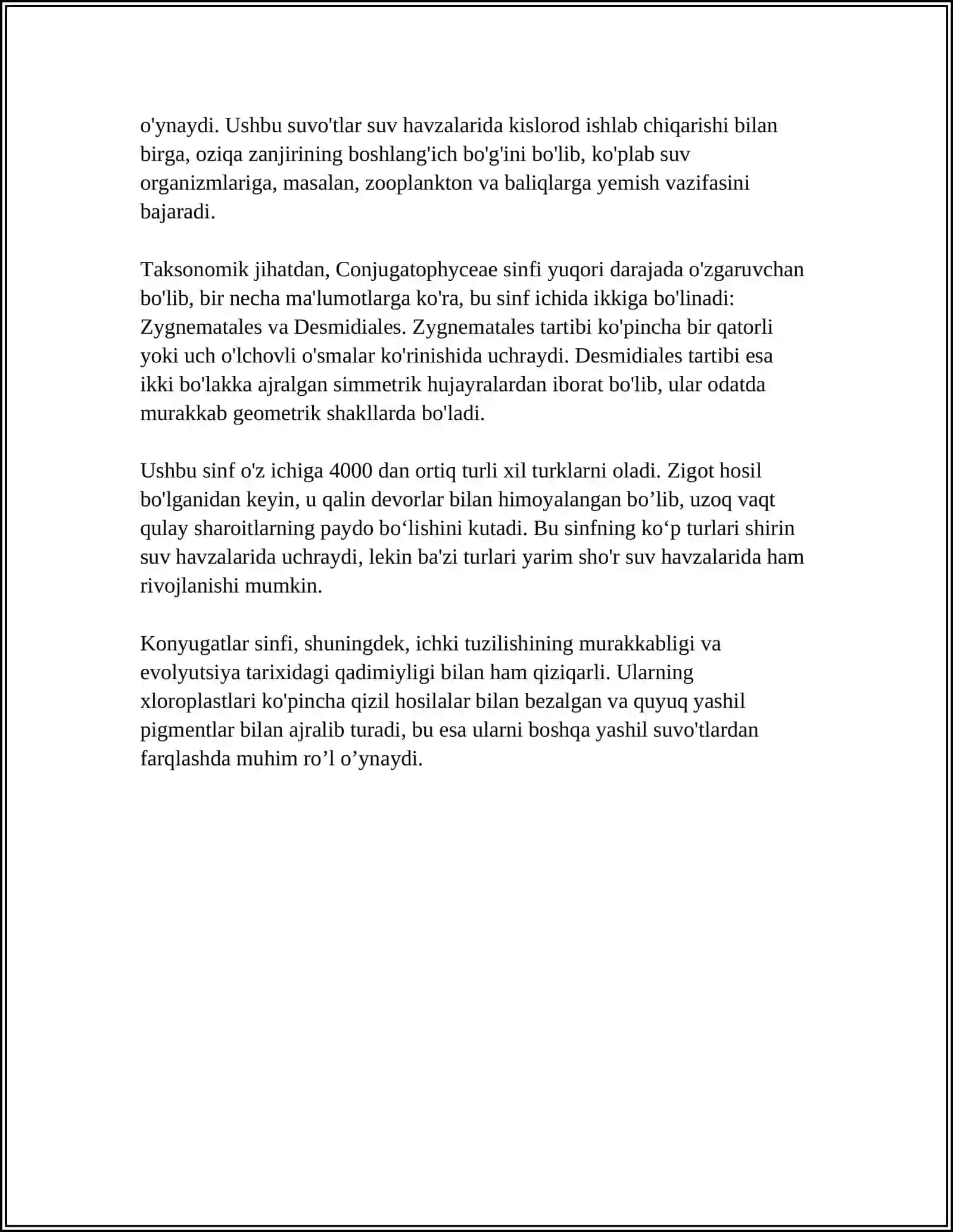 KONYUGATLAR YOKI MATASHUVCHILAR CONJUGATOPHYCEAE SINFI.MATASHISH YOʻLI BILAN KOʻPAYISH XUSUSIYATLARI VA USULLARI 4