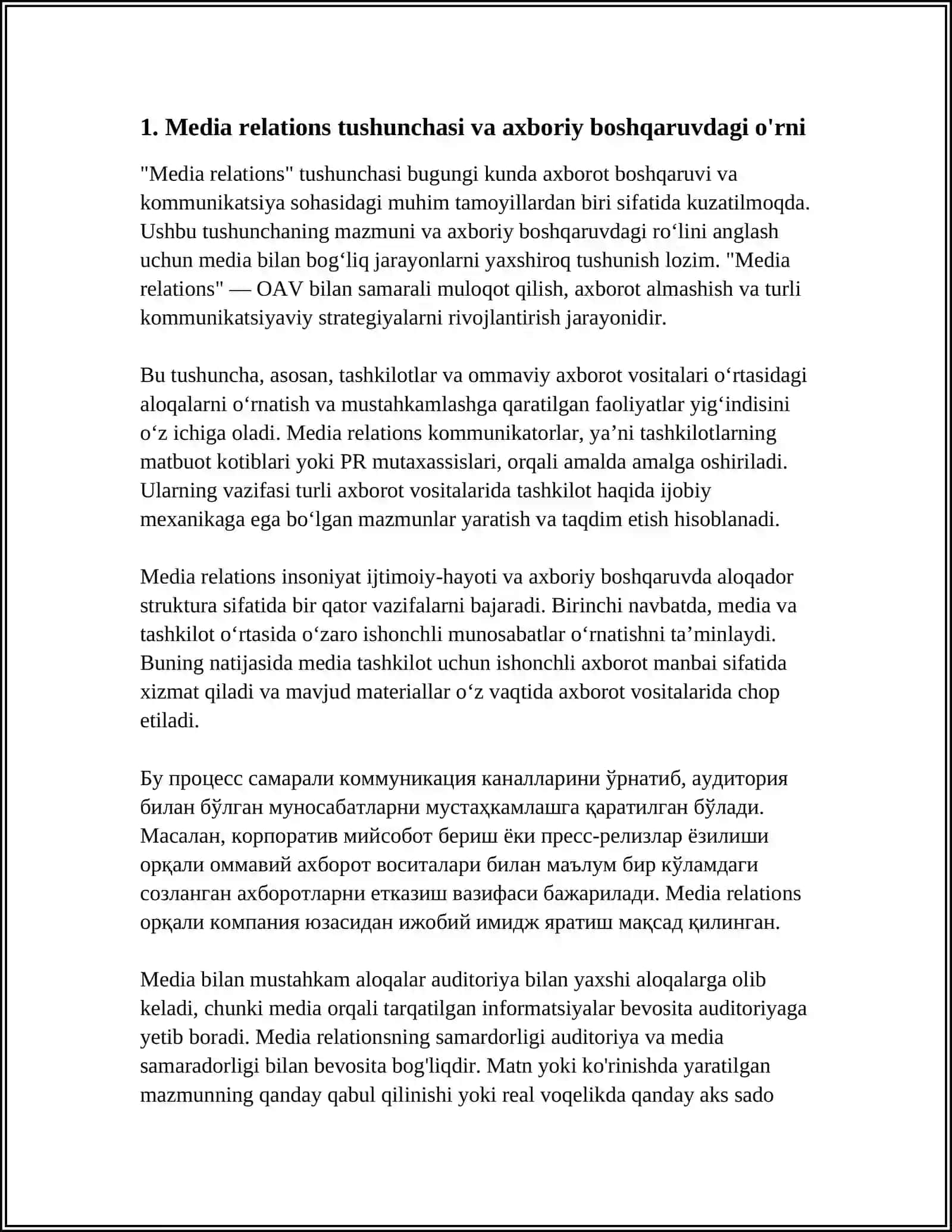 KOMMUNIKATOR, AUDITORIYA VA MEDIA SAMARADORLIGI. MEDIA RELATIONS AXBORIY BOSHQARUV VOSITASI SIFATIDA 4