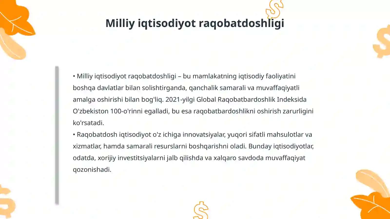 Jahon iqtisodiyot globallashuvi sharoit milliy iqtisodiyot raqobatdoshligini ta’minlash muammolari 4