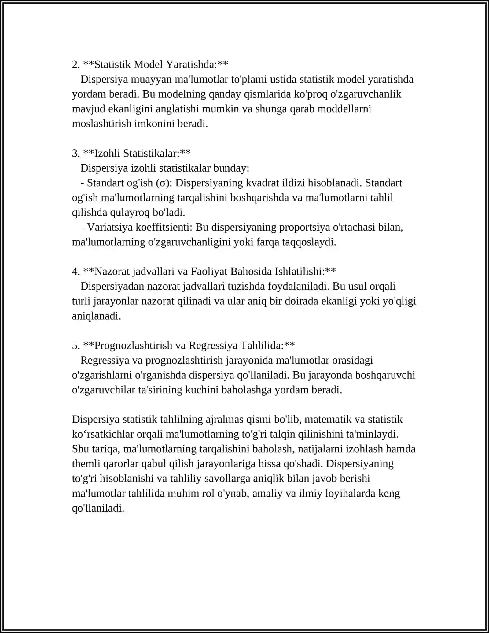 DISPERSIYA BAHOSINING XOSSALARI, TANLANMANING TOGʻIRLANGAN DISPERSIYASI.STATISTIK BAHOLAR QURISH USLUBLARI 4