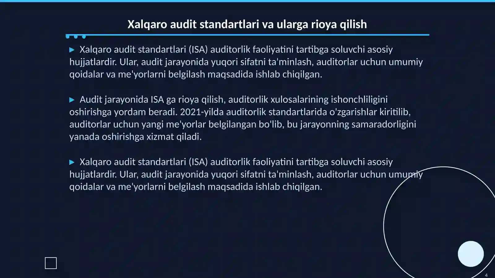 Auditorlik xulosa va takliflarining audit xalqaro standartlari 4