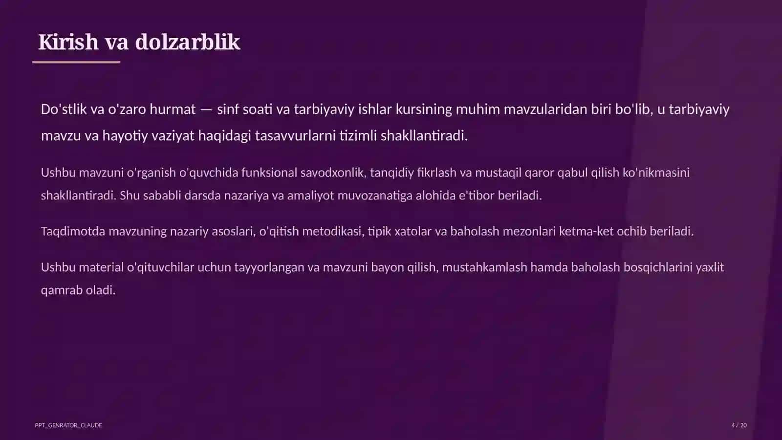 Sinf soati va tarbiyaviy tadbirlar (1–11) — o'qituvchilar uchun 4