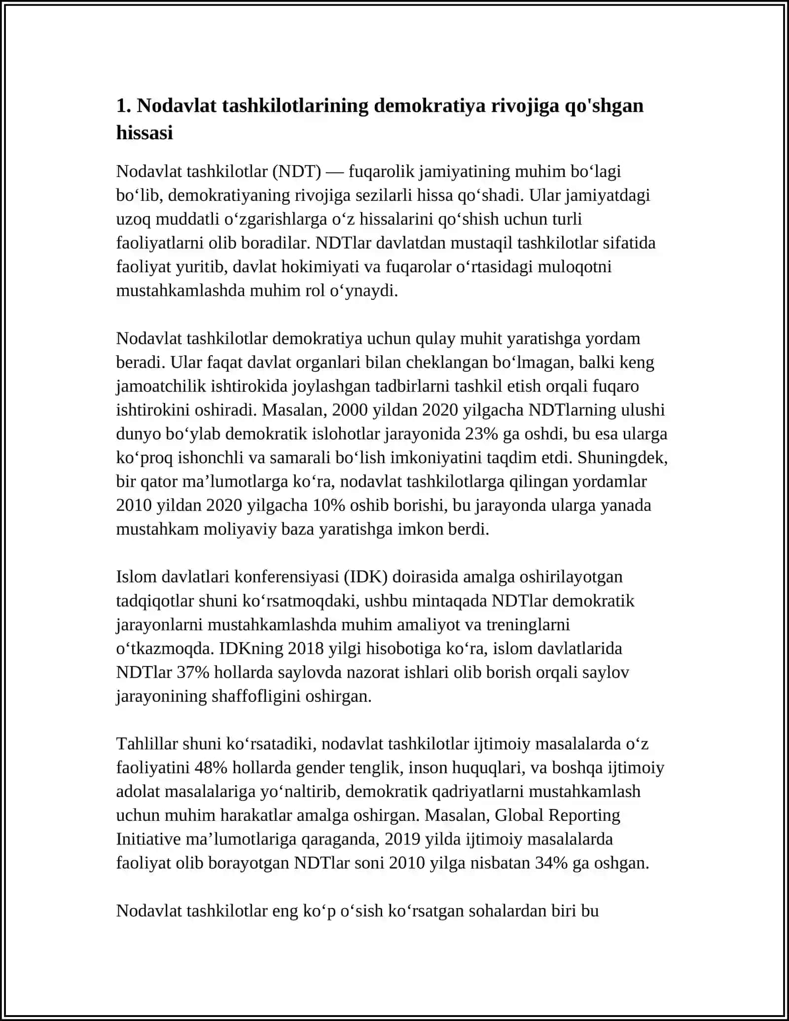 Nodavlat va jamoat tashkilotlarining O'zbekistonda demokratik jamiyat barpo etishdagi orni va ahamiyati 4